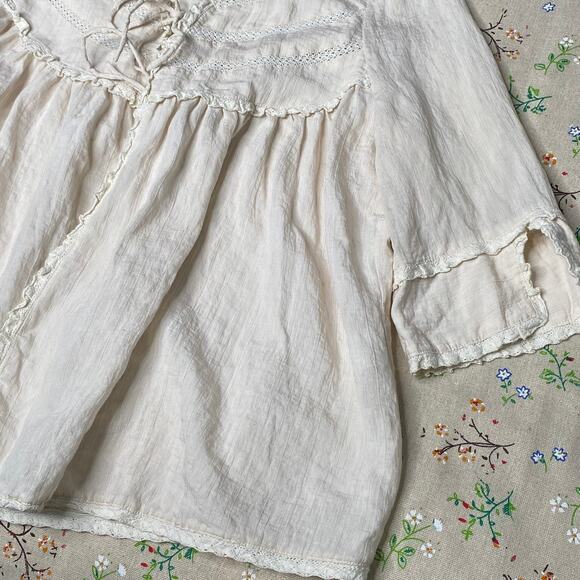 Rutzou Lace Tie Front Blouse Cream Beige Medium Cardigan Ruffle Dainty Cottage - Picture 5 of 8